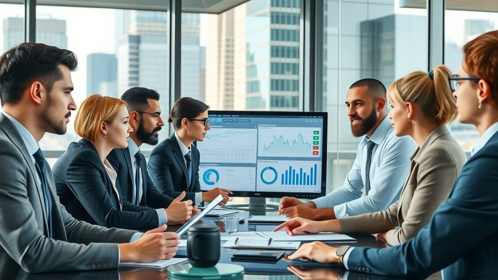 Future of strategic finance in corporate leadership with executives analyzing financial dashboards