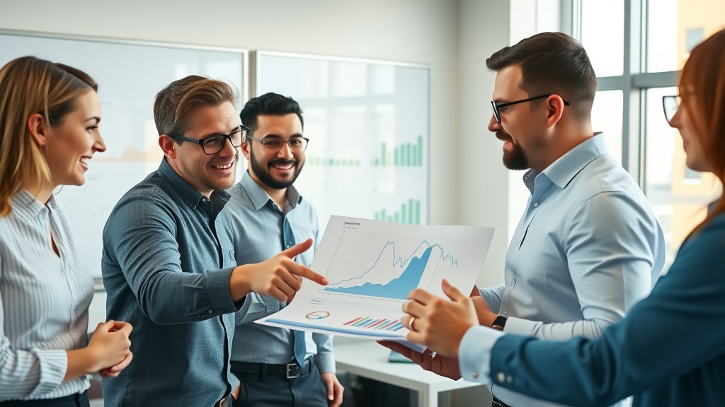 Finance team engaging in strategic finance discussions comparing data and trends