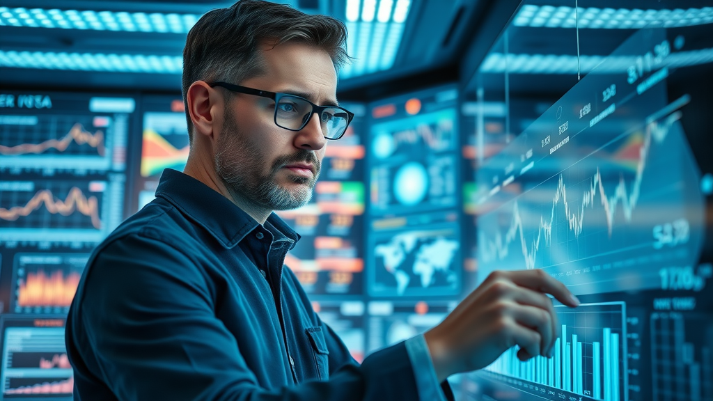 Finance professional examining charts with strategic finance indicators on digital screens