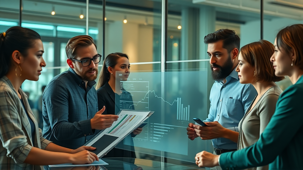 Finance team planning with strategic finance timeline charts projecting future insights