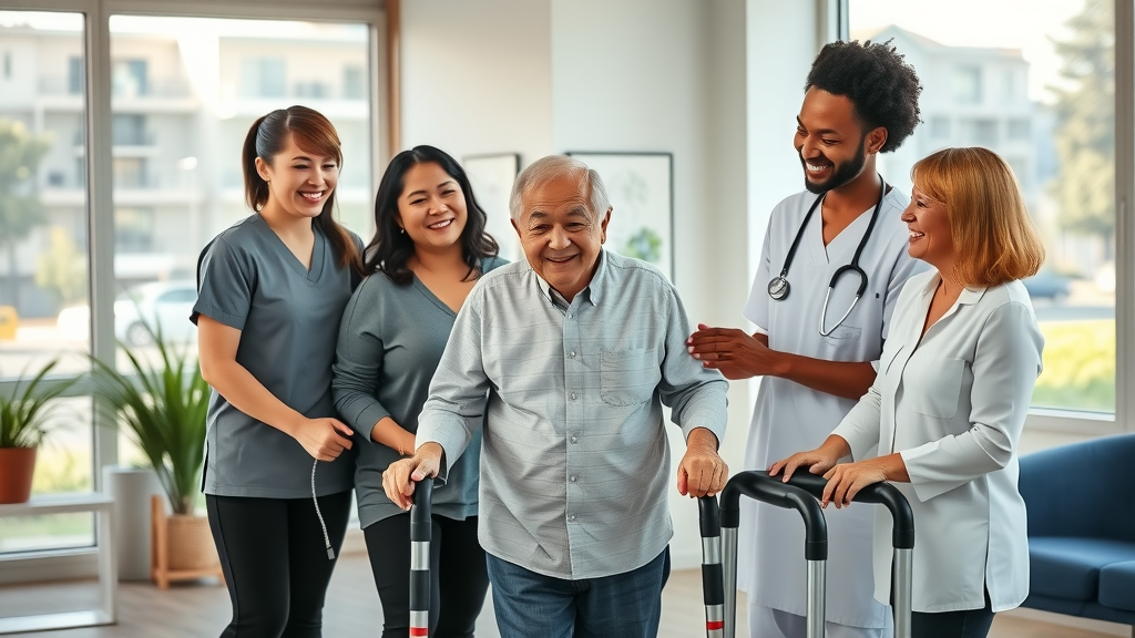 Physical therapy bay area team helps elderly client walk in modern rehab center